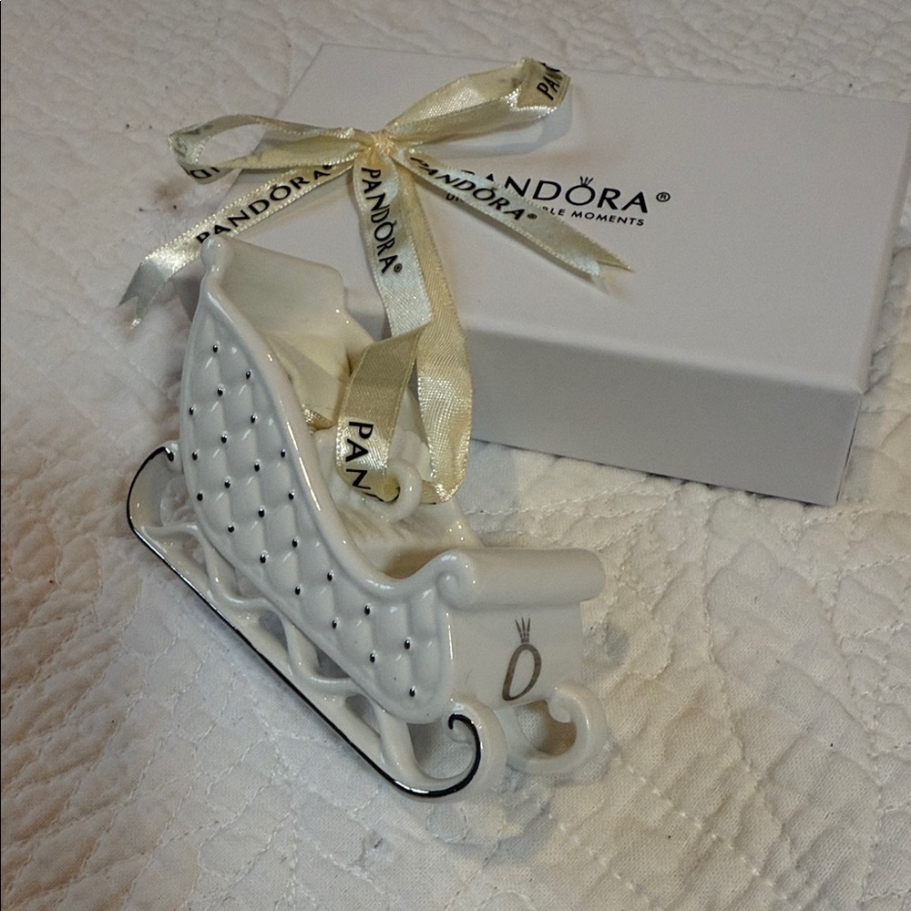 Pandora White Sleigh Ornament with Silver Accents